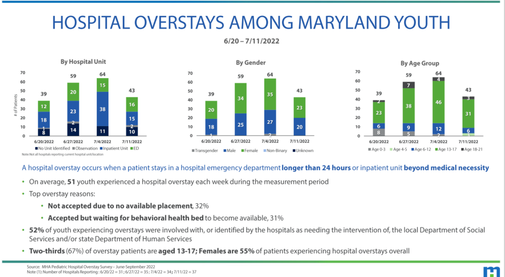 Three bar graphs documenting the frequency of youth hospital overstays in June and July 2022 by type of hospital, gender, and age. The greatest number of overstays were among girls, among 13- to 17-year-olds, and in inpatient hospital units.