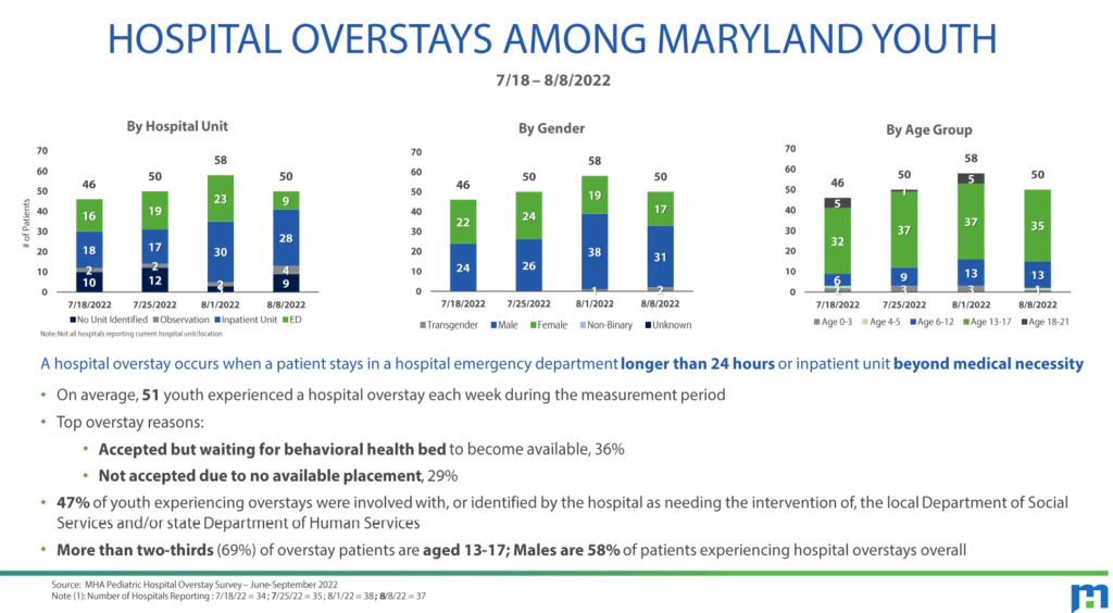 Three bar graphs documenting the frequency of youth hospital overstays in July and August 2022 by type of hospital, gender, and age. The greatest number of overstays were boys, among 13- to 17-year-olds, and in inpatient hospital units.